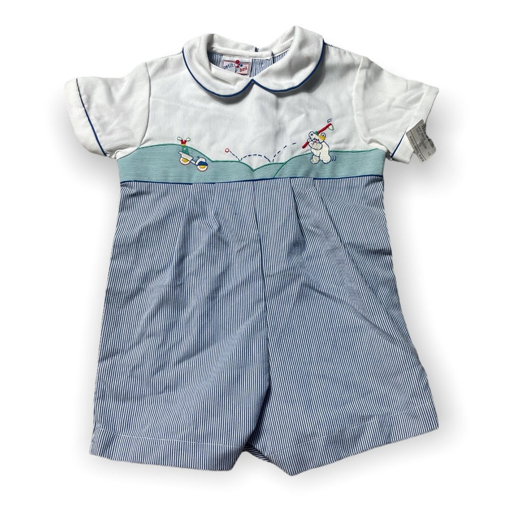 Vintage NWT Baby One Piece Teddy Bear Golf Print Light Blue and White Sz 6 Mon